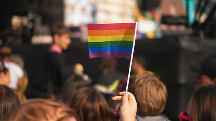 Many people wave small rainbow flag. Fun lgbt community symbol. Stop no homophobia concept. Joy...