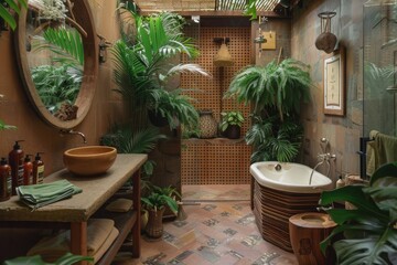 Tropical bathroom greenery and natural materials