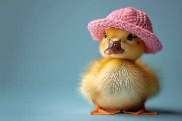 little duck with a crocheted hat on her head on a blue studio background - obrazy, fototapety, plakaty