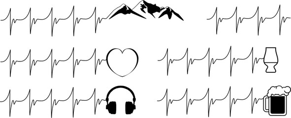 Vektor Set symbolische Darstellung - Herzschlag mit verschiedenen Objekten - Leidenschaft Liebe Hobby