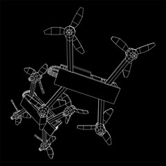 FPV Drone Racing freestyle sport flight. Hobby toys. Wireframe low poly mesh vector illustration.