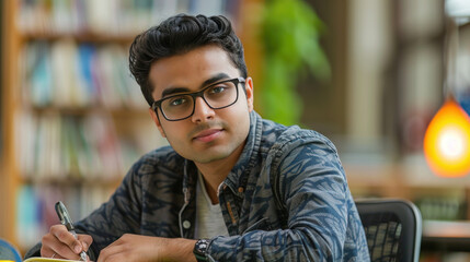 Handsome Indian student taking a course in the International Adult Education Center A South Asian man wearing glasses sits behind a desk and writes notes in a notebook.
