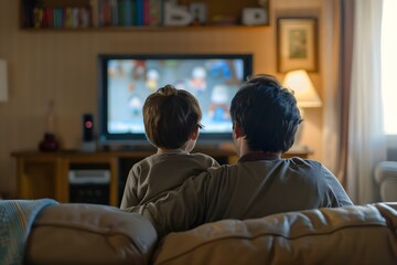 Father and son watching cartoons on TV in living room from behind. Concept Family Time, Father and Son, Quality Time, Television Watching, Cozy Living Room