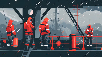 Offshore Oil Rig Workers in Safety Gear Braving Harsh Weather Conditions