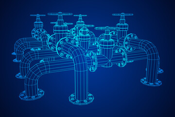 Oil pipeline with valve. Petrol production. Petroleum fuel industry transportation line. Wireframe low poly mesh vector illustration