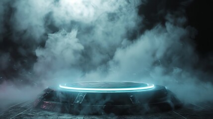 3D Rendering of sci fi mech circle shape pedestal with glowing led light and grunge dark fog and cloud background.