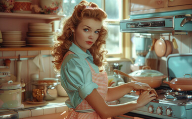 A young woman in 1950s attire, cooking in a retro kitchen