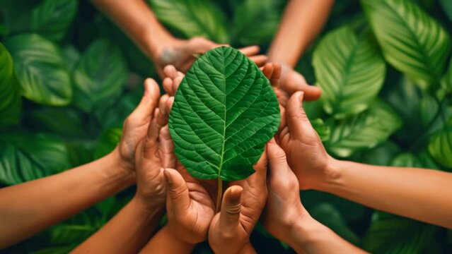 Hands surrounding leaf against green background - Powered by Adobe