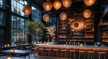A dark and moody Japanese inspired bar with large windows, modern, sleek lighting, hanging paper...