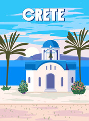 Crete Poster Travel, Greek white church with blue roofs, poster, old Mediterranean European culture and architecture