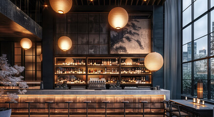 A dark and moody Japanese inspired bar with large windows, modern, sleek lighting, hanging paper...