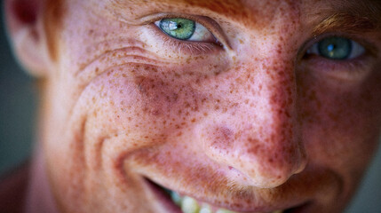 Naklejka premium Close-Up Man Redhead Very Detailed Faces Smiling Natural Skin Age 40