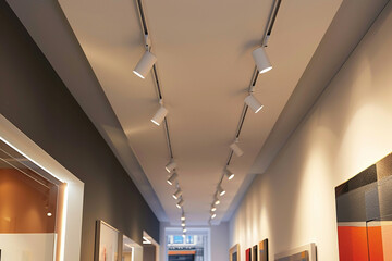 Track lighting in a gallery setting the focus on modern art with Italian-designed fixtures.