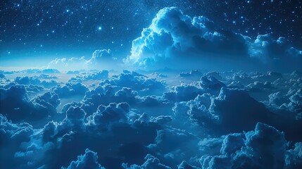 The blue night sky and clouds with stars pouring in. Generative AI.