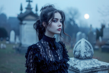A young woman in gothic attire, standing in a moonlit graveyard