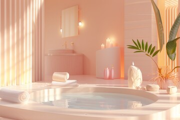 A bathroom with a pink wall and a pink bathtub