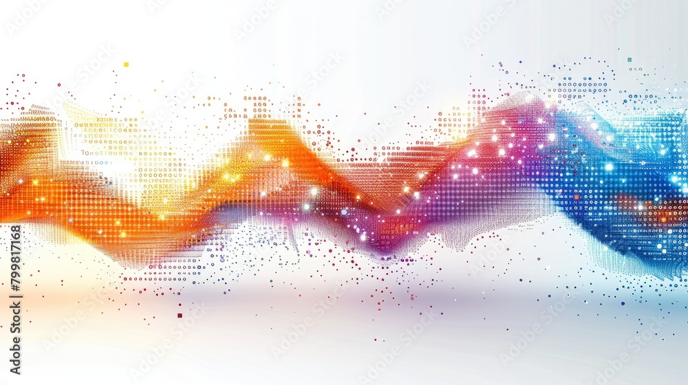 Poster Abstract vector illustration of data flow with binary code and colorful lines on a white background. Generative AI.