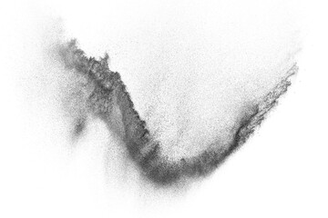Black texture isolated on white background. Dark particles explosion. Abstract overlay textured.	