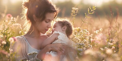 Serene Motherhood, A Mother Embracing Her Sleeping Child in the Sunset Glow
