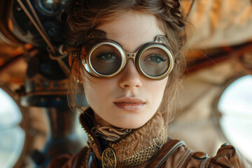 A young woman in steampunk attire, piloting an airship
