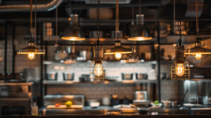 Industrial kitchen ambiance enhanced by Italian lights with vintage and modern elements. - obrazy, fototapety, plakaty