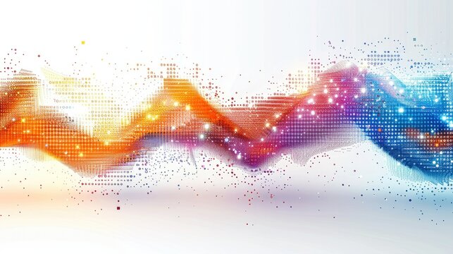 Abstract vector illustration of data flow with binary code and colorful lines on a white background. Generative AI.