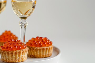Elegant Tartlets with Salmon Roe and Sparkling Wine on Luxurious Table Setting