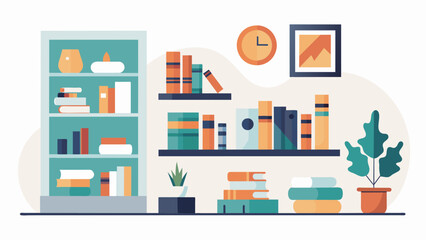 Fototapeta premium A minimalist yet sophisticated home library with white walls and clean lines showcasing a cohesive collection of books and art pieces..