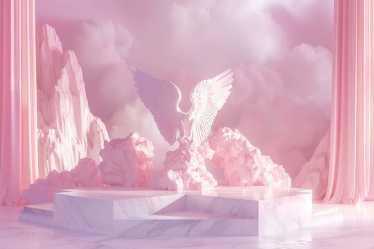 A pink and white scene with a large angel statue in the center
