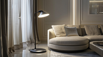 Fototapeta na wymiar Chic living room featuring an elegant Italian floor lamp next to a plush sofa.