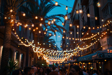 Viewing a festive street scene with Italian string lights from a low perspective. - obrazy, fototapety, plakaty