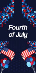 Obraz premium United States Independence Day banner in colorful modern geometric style. USA National Day greeting card cover on 4th of July with country flag. Vertical backgrounds for celebrating national holidays