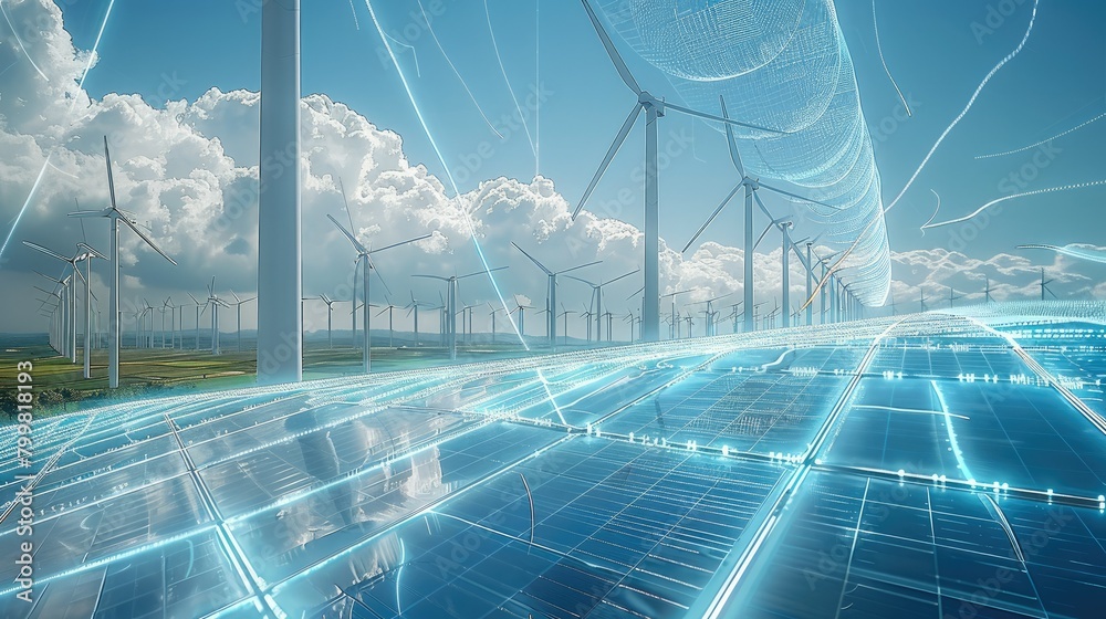Poster A futuristic look at a solar and wind park with a lot of data flowing in the air. Generative AI.