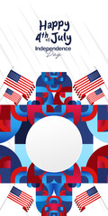 Obraz premium United States Independence Day banner in colorful modern geometric style. USA National Day greeting card cover on 4th of July with country flag. Vertical backgrounds for celebrating national holidays