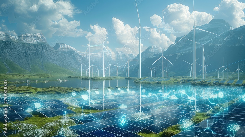 Poster A futuristic look at a solar and wind park with a lot of data flowing in the air. Generative AI.