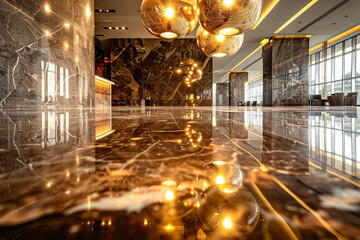 Italian lighting fixture in a hotel foyer seen from below, accentuating the marble floor's sheen.