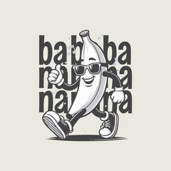 Retro cartoon walking smiled banana mascot character