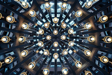 Conference center ceiling adorned with an intricate array of Italian light fixtures. - Powered by Adobe