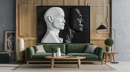 Stylized portrait in black and white, perfect for contemporary rooms with a green sofa.