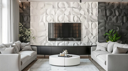 Ivory 3D wall in living room with curved dark gray cabinet and light gray seating.