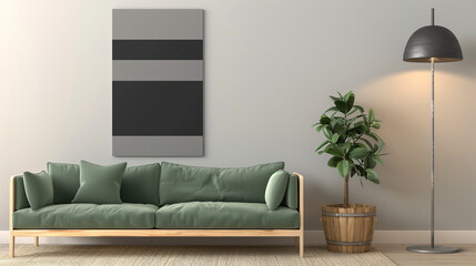 Black and grey minimalist stripes, perfect for a living room with a green sofa and wood.