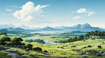 An illustration of a vast plain with a river running through it.