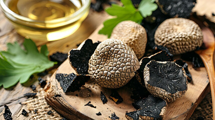 Rare delicacy truffle mushrooms on a kitchen wooden board