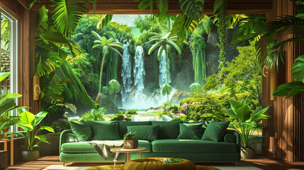 Tropical landscape poster with greenery and waterfall, in a living room with green sofa.