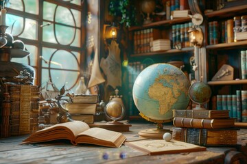 A room with a globe on a table and a bookcase full of books