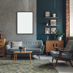 mockup poster with a mid-century modern living room with iconic furniture pieces and retro accents.