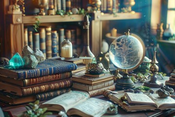 table with a globe and books on it