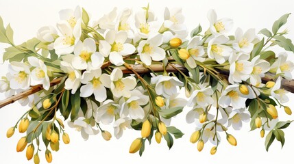 A branch of white cherry blossoms with yellow buds, painted in watercolor.