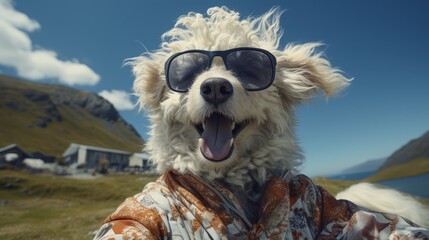 A dog wearing sunglasses is taking a selfie in front of a beautiful mountain landscape.