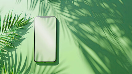 Mobile phone, smartphone on green background with screen for text and palm leaves